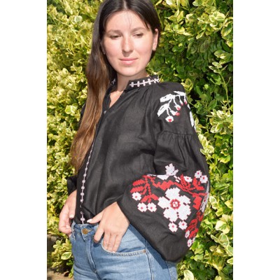 Boho Style Embroidered Blouse Black with Red/White Embroidery